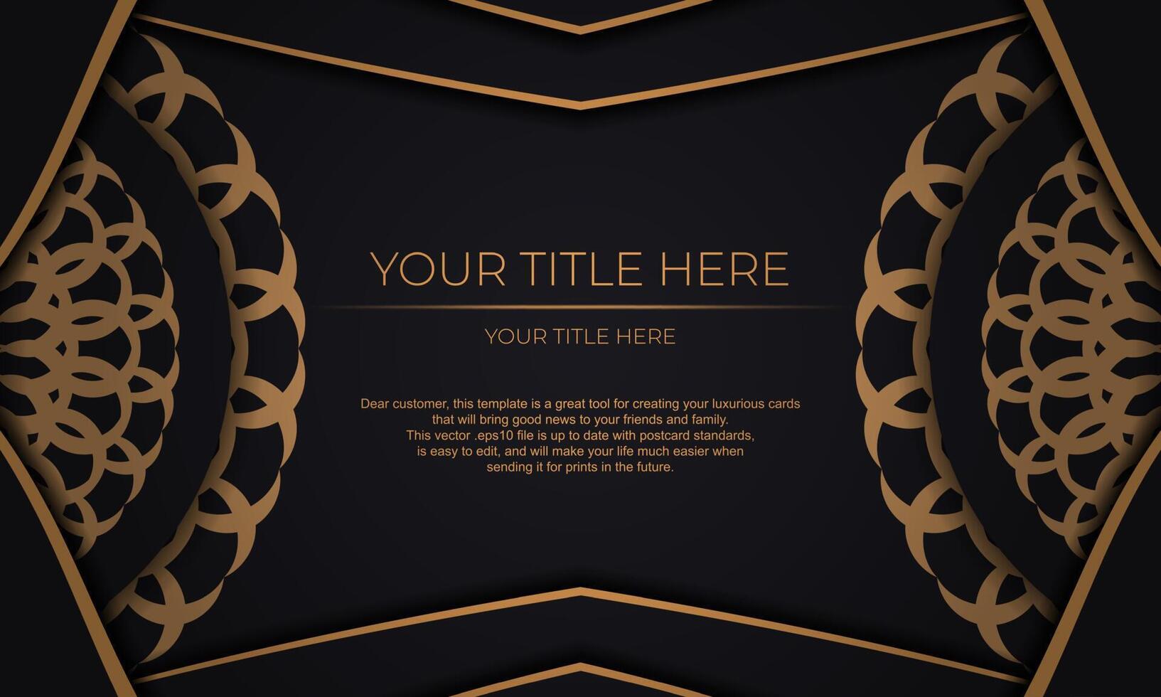 Template for design printable invitation card with luxurious patterns. Black vector banner with greek luxury ornaments and place for your text.
