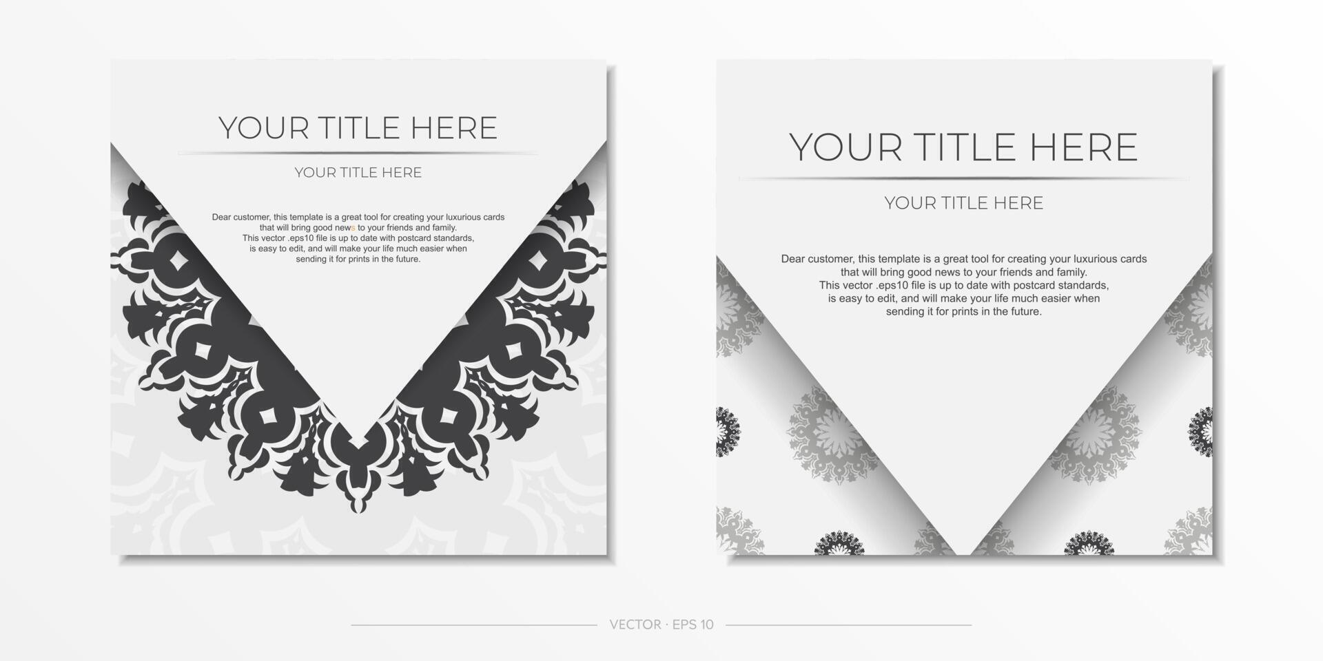 Stylish Ready-to-print white postcard design with luxurious Greek ornaments. Invitation card template with vintage patterns. vector