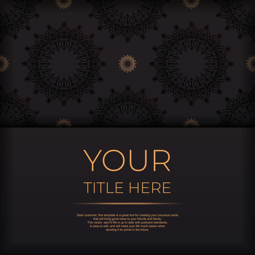 Luxurious Black color postcard template with vintage patterns. Print-ready invitation design with mandala ornament. vector