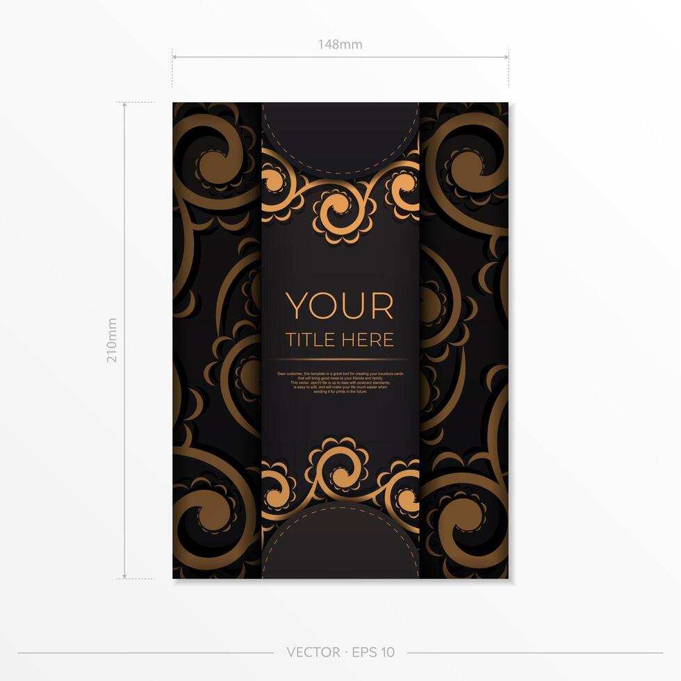 Rectangular Postcard template in black with Indian patterns. Print-ready invitation design with mandala ornament. vector