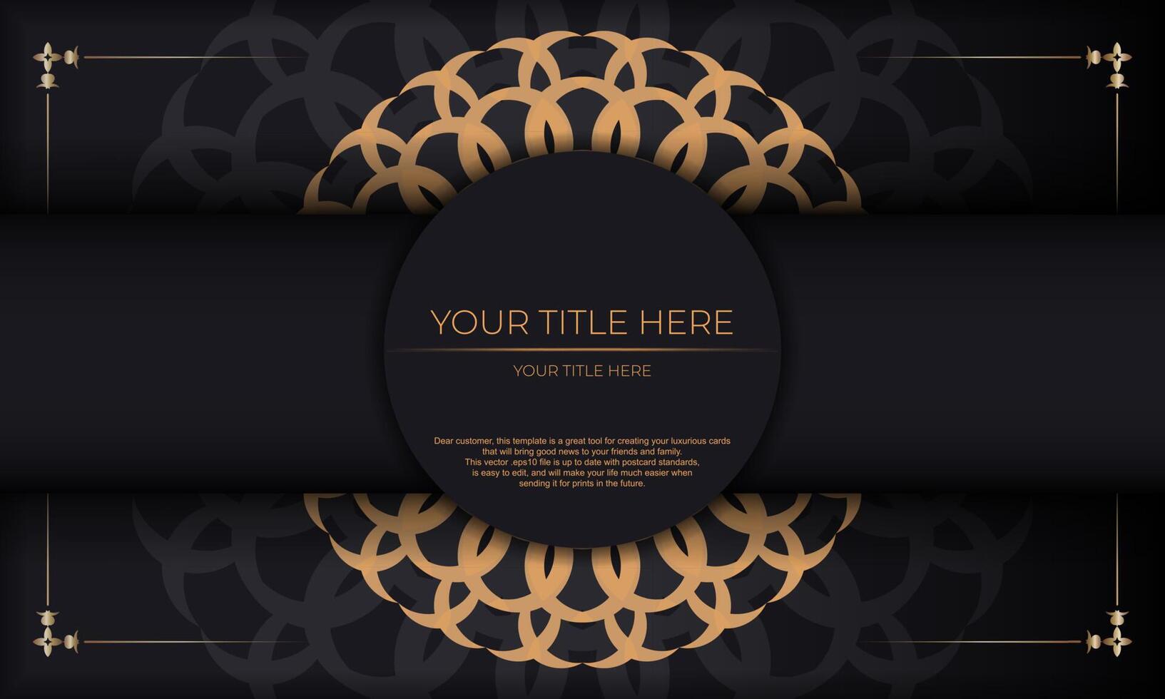 Print-ready invitation design with luxurious ornaments. Black background with greek luxury vintage ornaments and text place. vector
