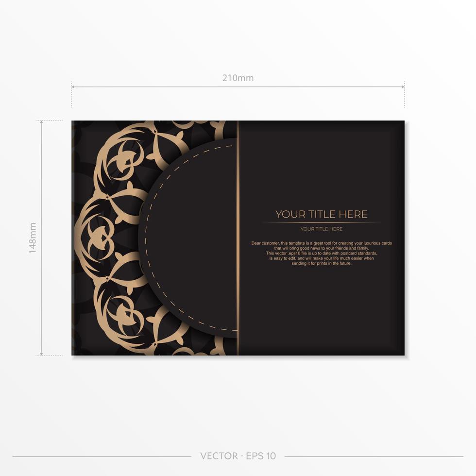 Rectangular Template for print design postcards in black color with luxury patterns. Preparing an invitation card with vintage ornaments. vector