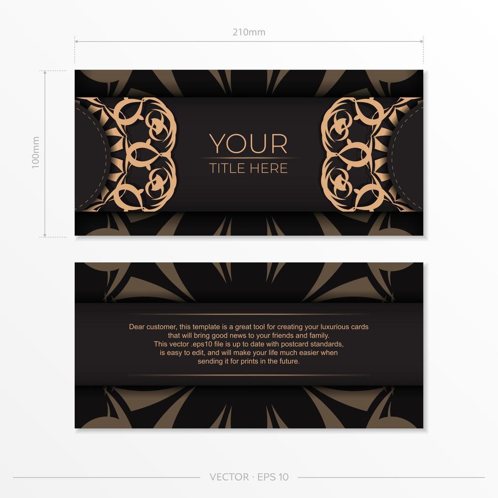 diseño de postal rectangular lista para imprimir en negro con patrones lujosos. plantilla de tarjeta de invitación con adorno vintage. vector