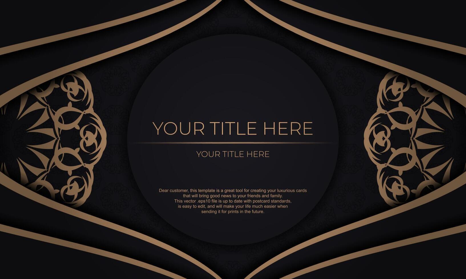 Invitation card design with vintage ornament. Black vector background with luxury ornaments and place for your design.