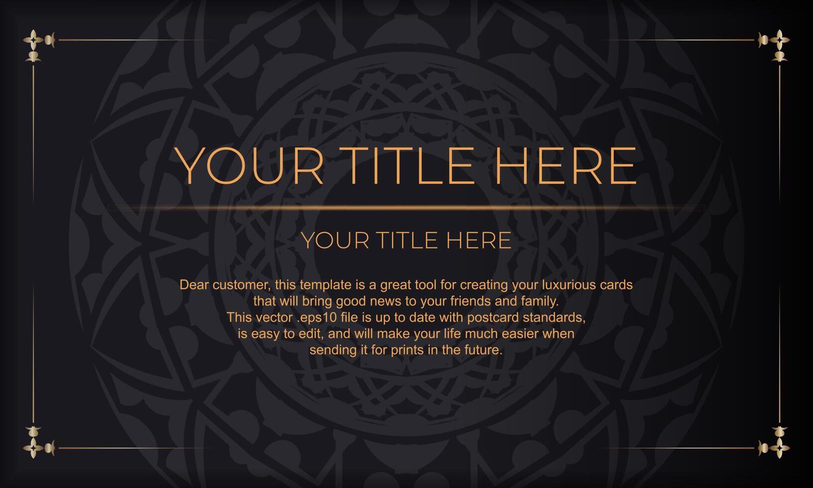 Black banner with luxurious orange ornaments and place for your logo. Template for postcard print design with Greek patterns. vector