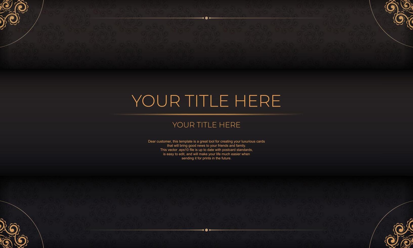 Black template banner of gorgeous vector patterns with mandala ornaments and place for your text. Print-ready invitation design with mandala ornament.