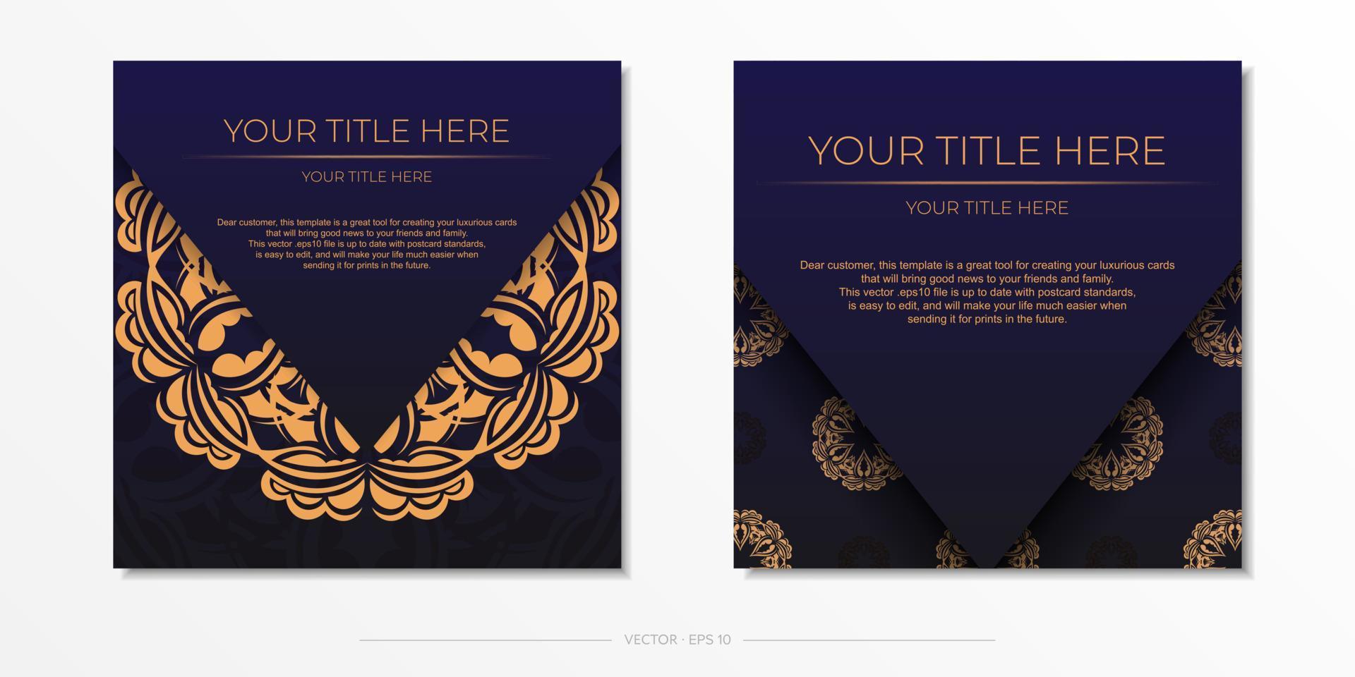 Stylish Ready-to-Print purple postcard design with luxurious Greek ornaments. Invitation card template with vintage patterns. vector