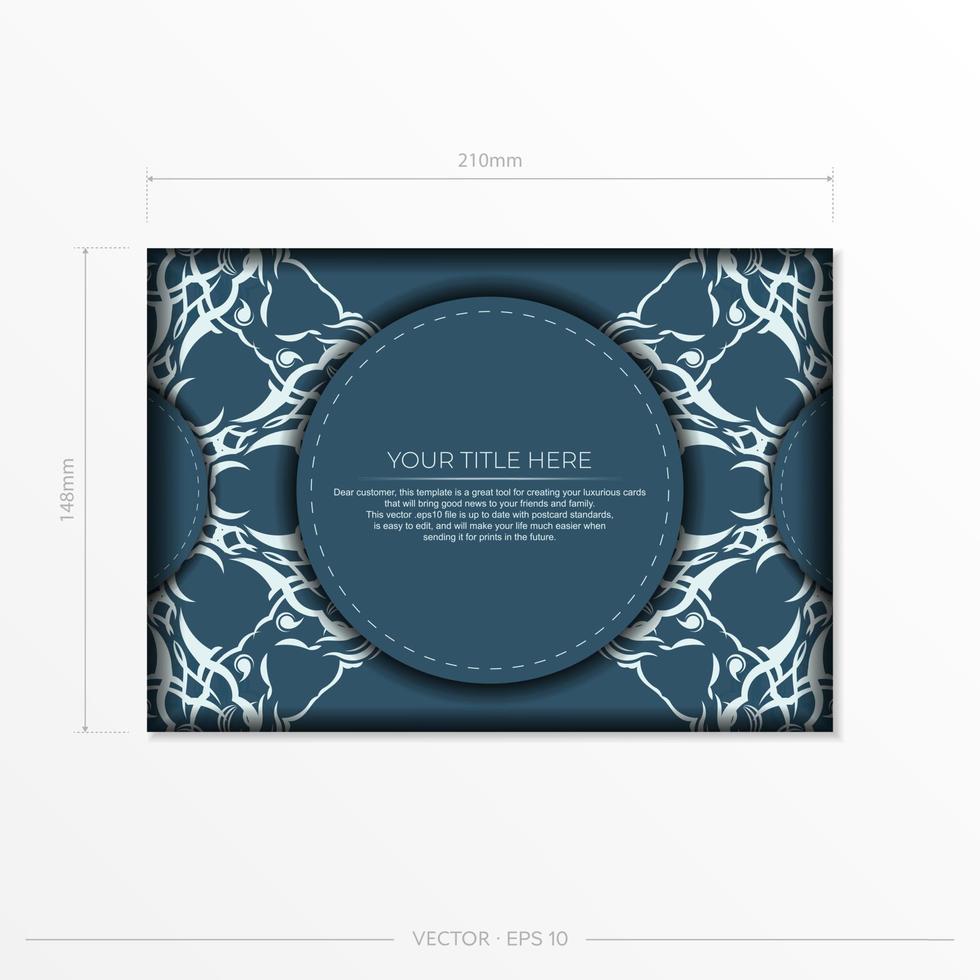 Rectangular Vector Blue color postcard template with luxurious light patterns. Print-ready invitation design with vintage ornaments.