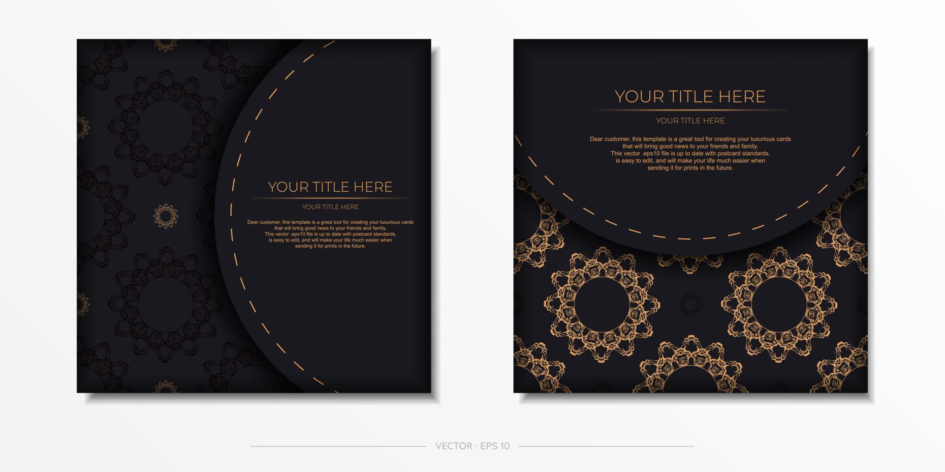 Square Vector Preparing postcards in black with luxurious golden patterns. Template for print design invitation card with vintage ornament.