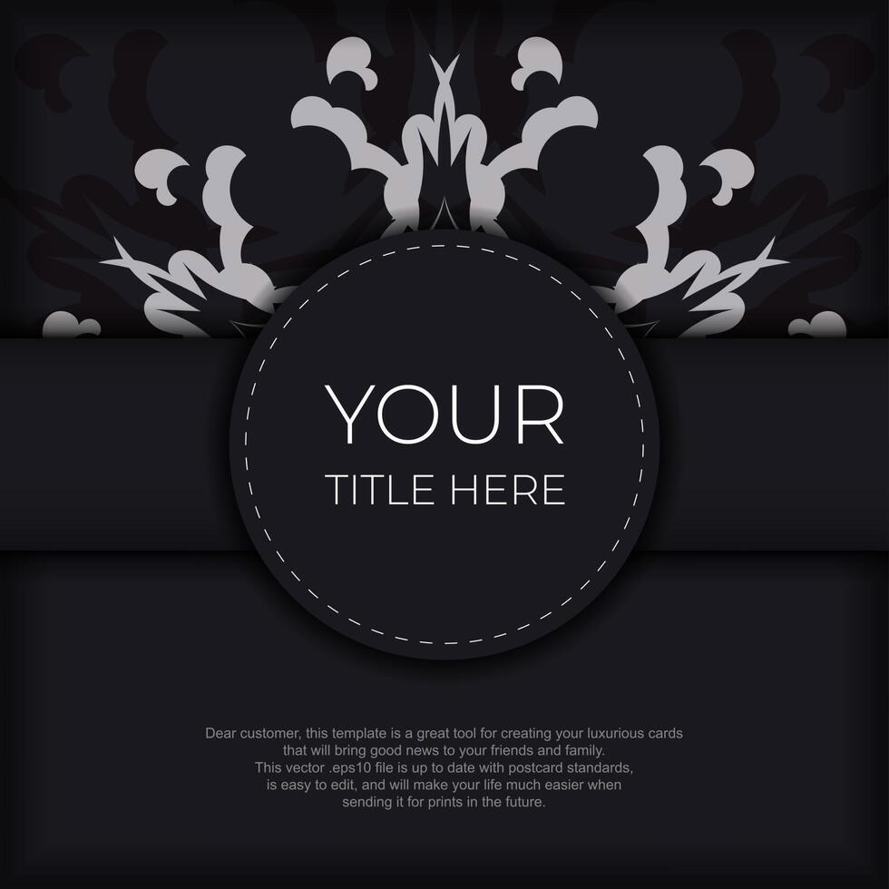 Stylish Postcard template in black color with Indian patterns. Print-ready invitation design with mandala ornament. vector