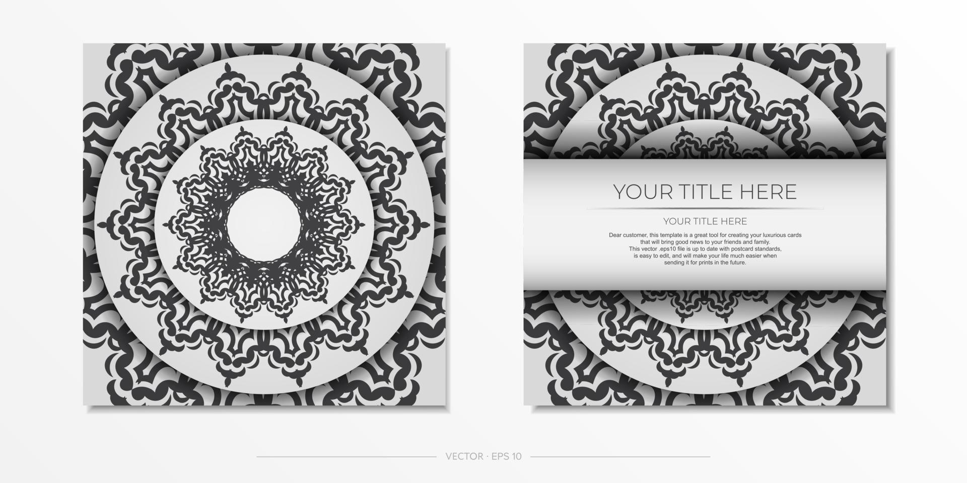 postcard in white with black ornaments. Invitation card design with mandala patterns. vector