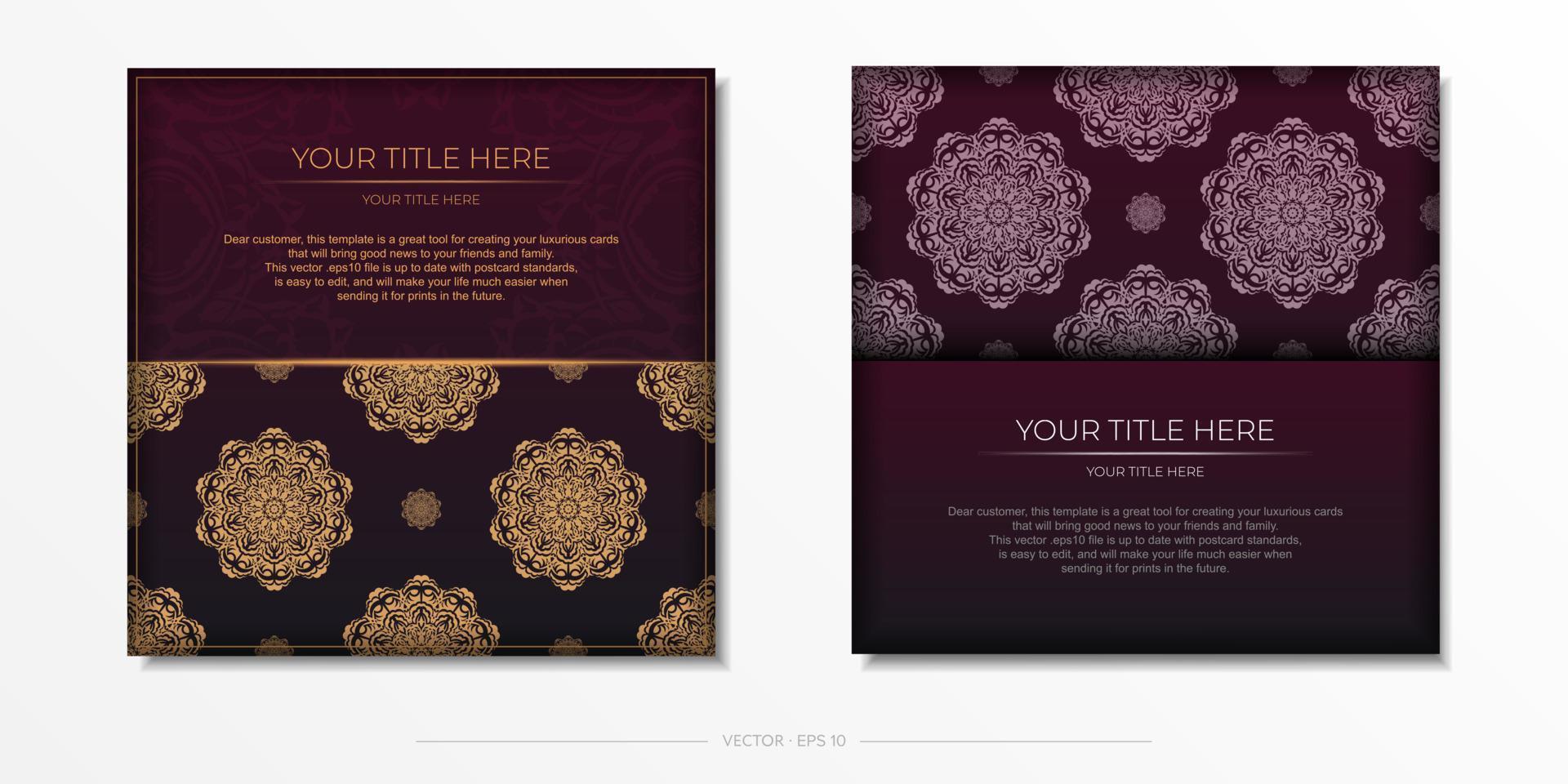 This is a burgundy postcard template with vintage patterns. Print-ready invitation design with mandala ornament. vector