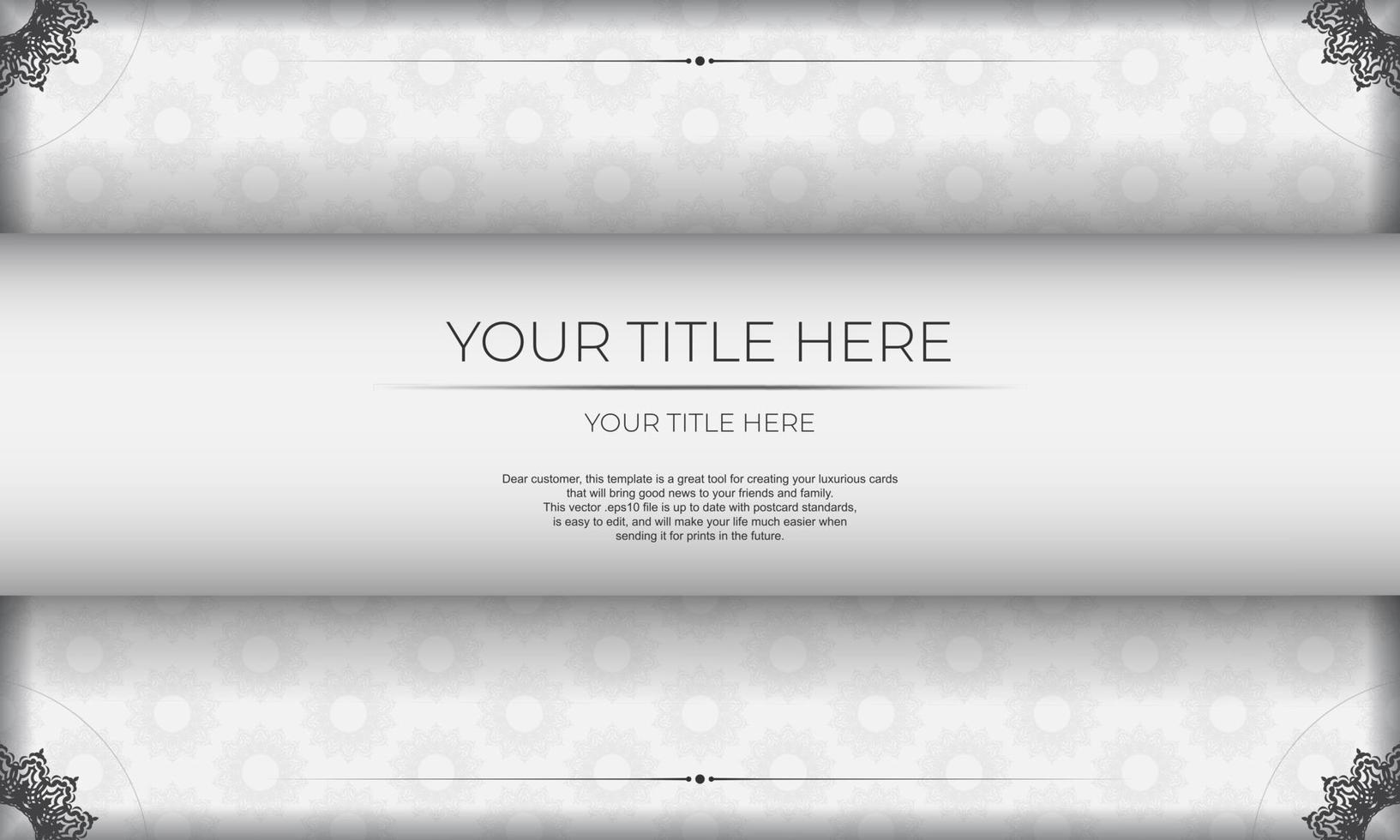 White banner template with black ornaments and place for your text. Print-ready invitation design with mandala ornament. vector