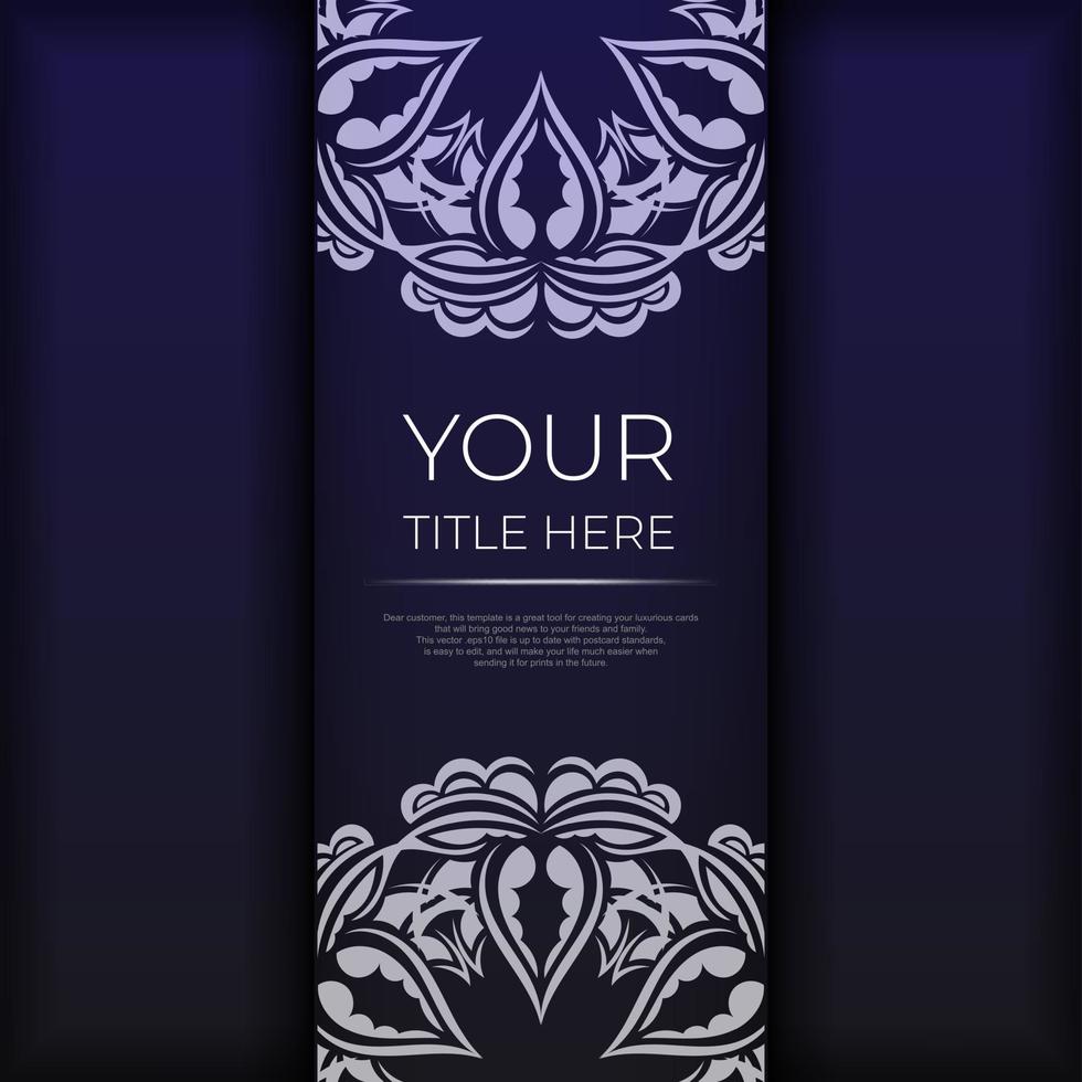 Stylish Template for postcard print design in purple color with luxurious Greek ornaments. Vector Preparing invitation card with vintage patterns.