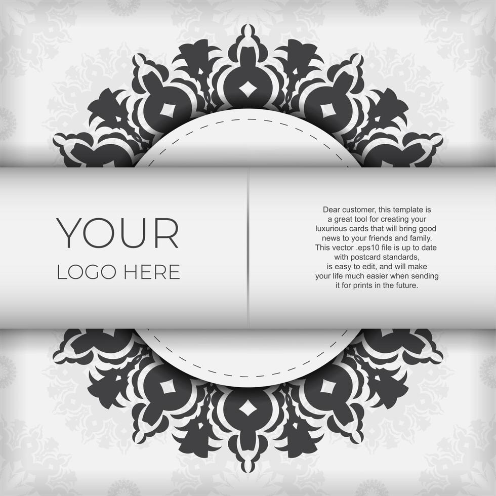 Stylish white postcard design with luxurious Greek ornaments. Vector invitation card with vintage patterns.