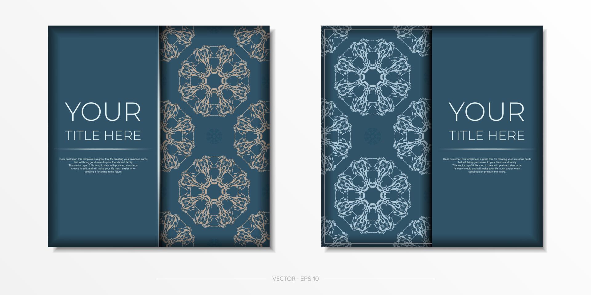 Blue square postcards with luxurious light patterns. Invitation card design with vintage ornament. vector