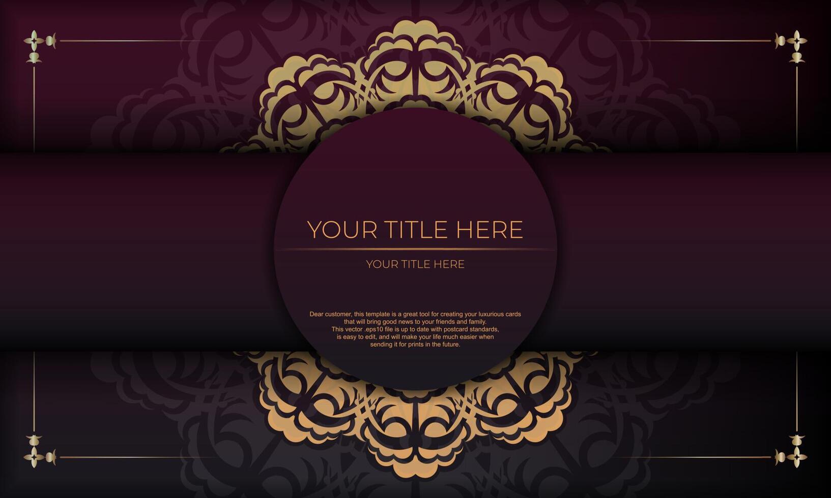 Burgundy background with vintage ornaments and place under the text. Print-ready invitation design with mandala ornament. vector