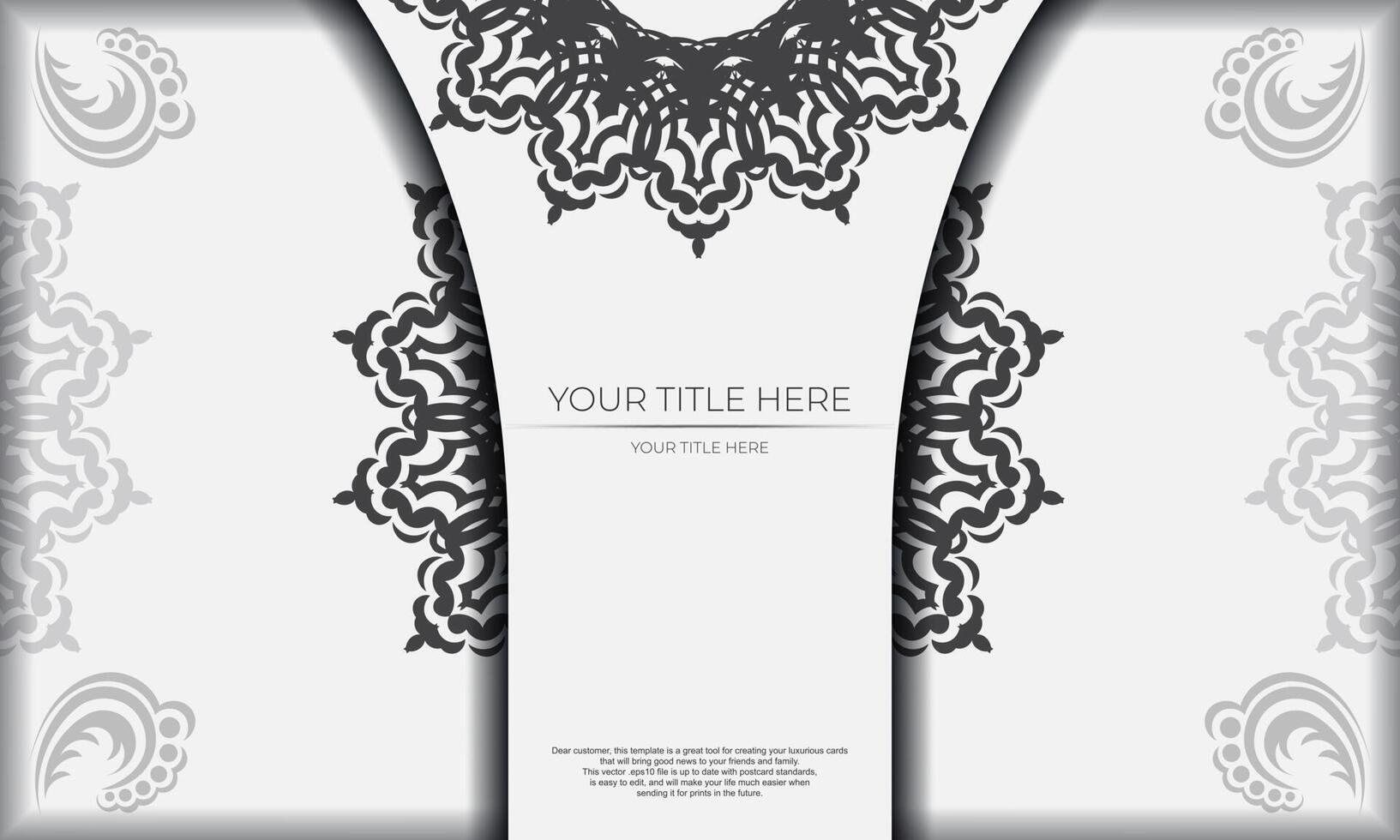 banner de plantilla blanca con adornos negros y lugar debajo del texto. plantilla para diseño de tarjeta de invitación imprimible con patrones de mandala. vector