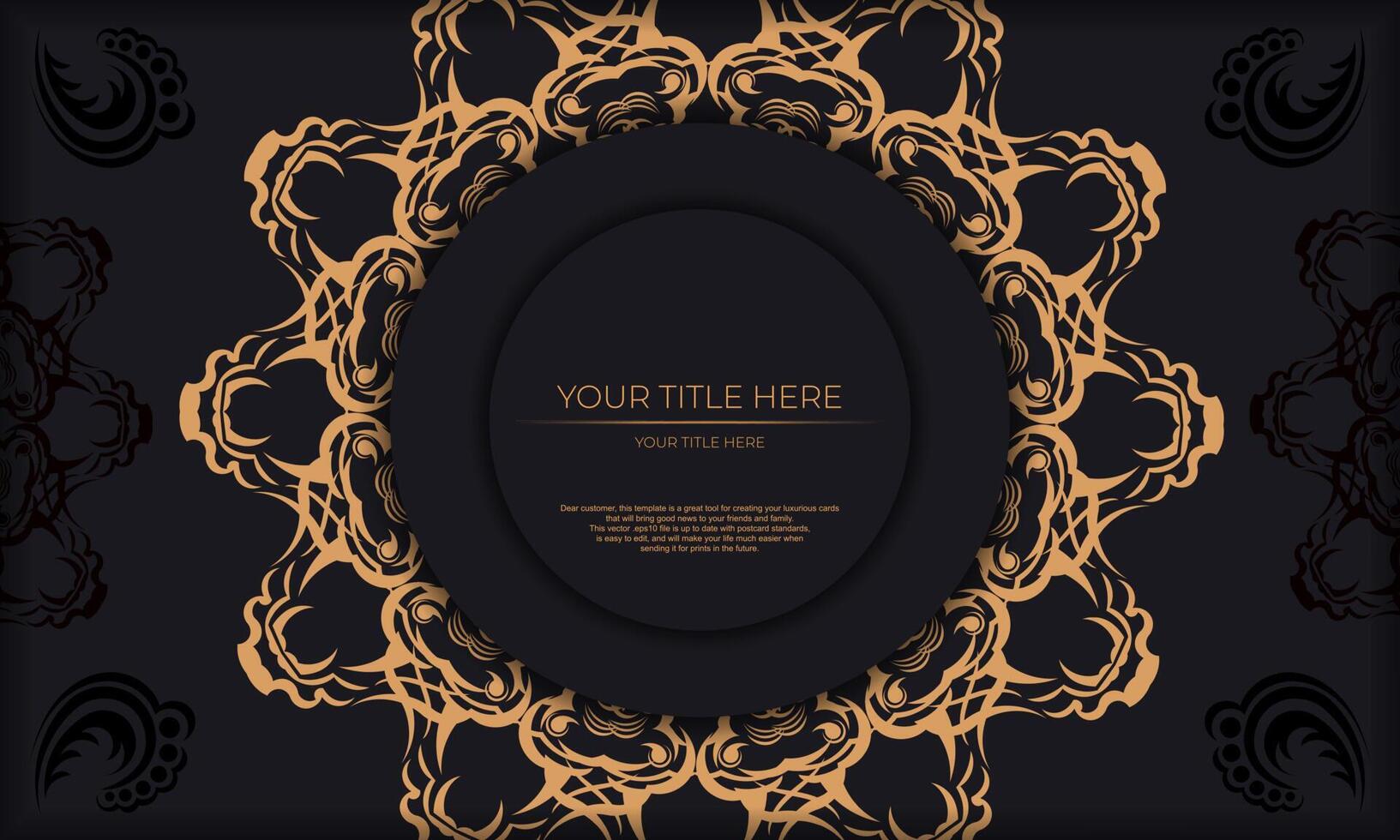 Black template banner with luxury gold ornaments and place for your design. Invitation card design with vintage patterns. vector