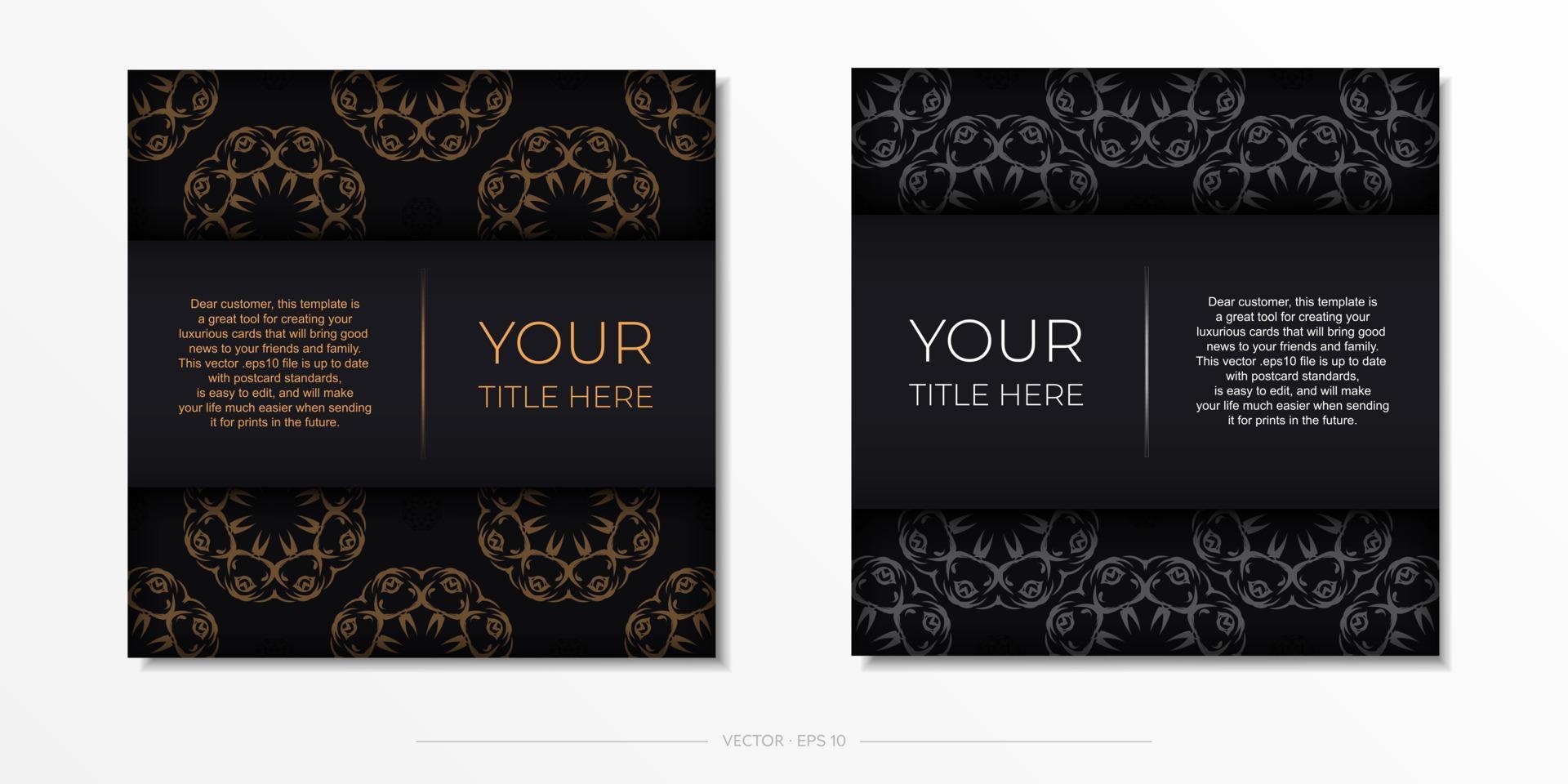 Dark square postcards with abstract ornament. Vector design of invitation card with vintage patterns.