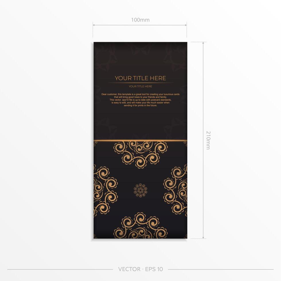 Rectangular postcard in black with Indian ornaments. Invitation card design with mandala patterns. vector