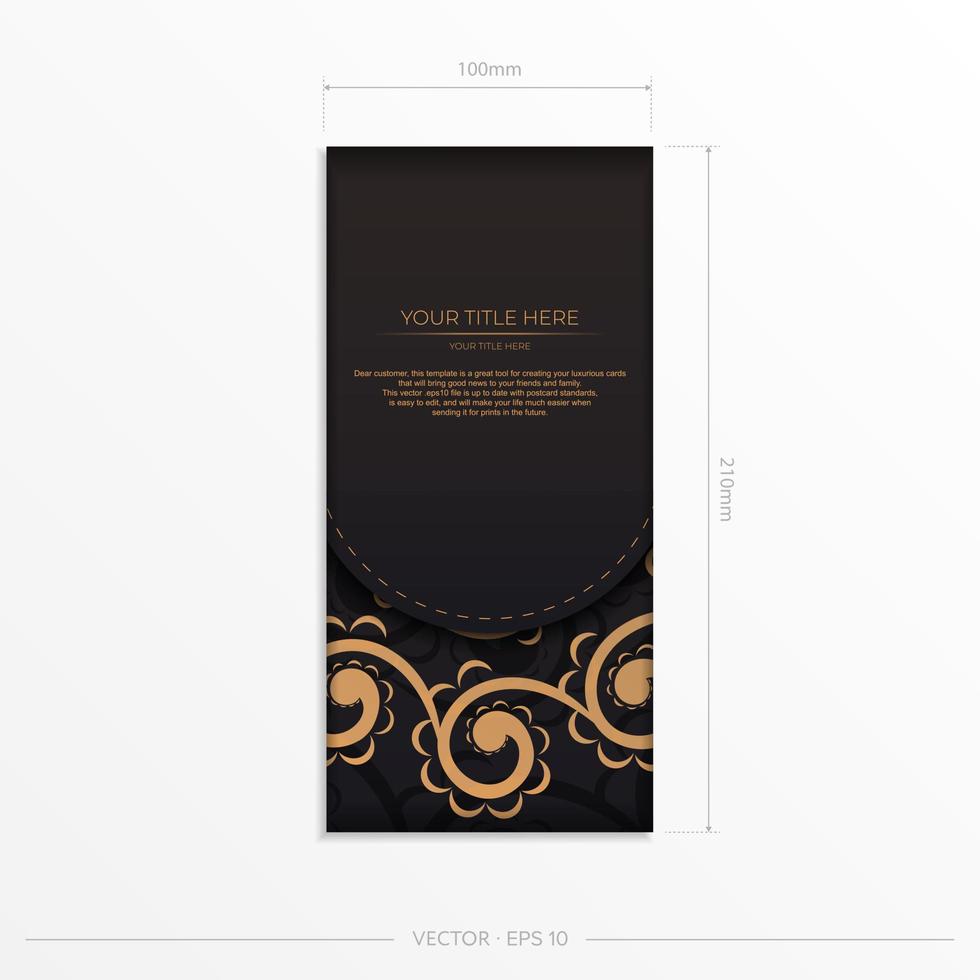 Rectangular vector postcard in black color with Indian ornaments. Invitation card design with mandala patterns.