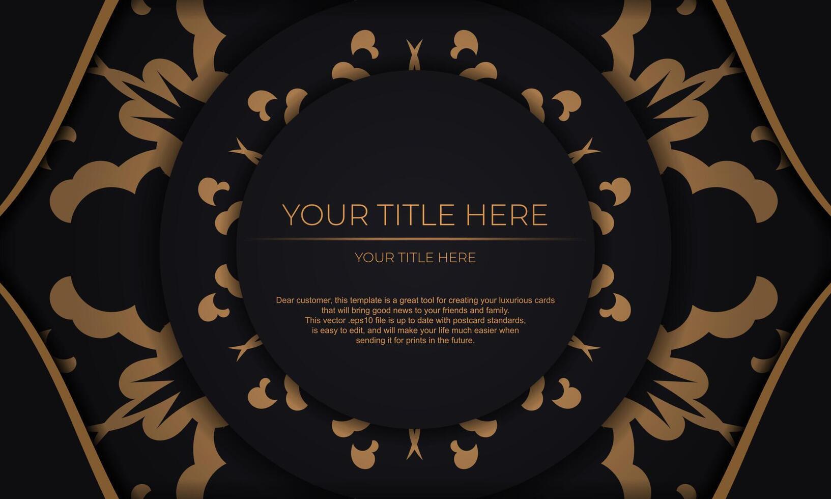 Black template banner with Indian ornaments for your design. Vector Print-ready invitation design with mandala ornament.