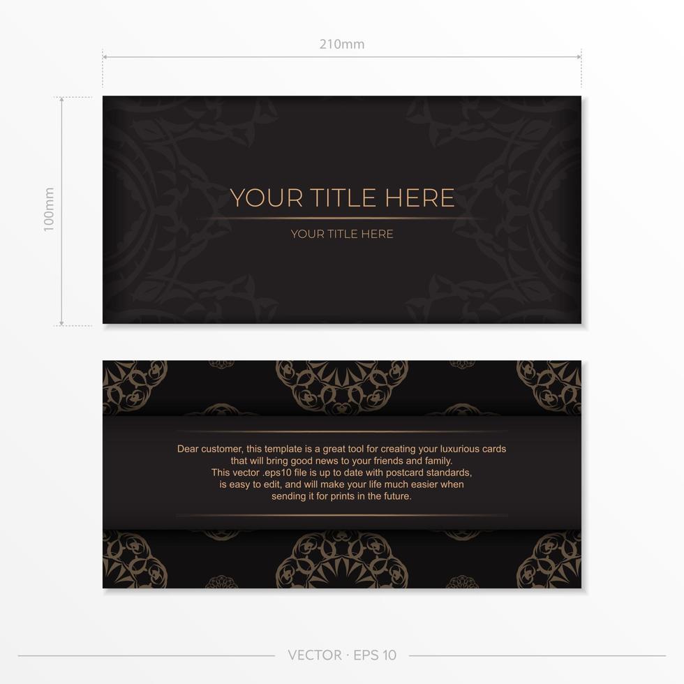 diseño de postal rectangular lista para imprimir en negro con lujosos adornos. plantilla de tarjeta de invitación con patrones antiguos. vector