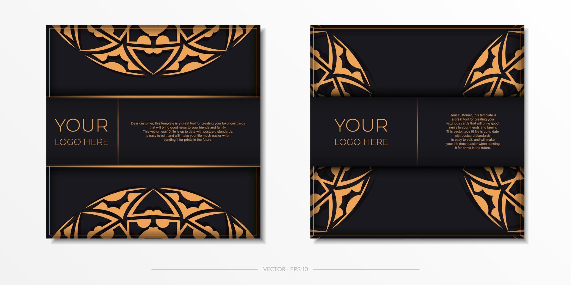 Vector Preparation of invitation card with place for your text and abstract ornament. Ready-to-print postcard design in black color with orange patterns.