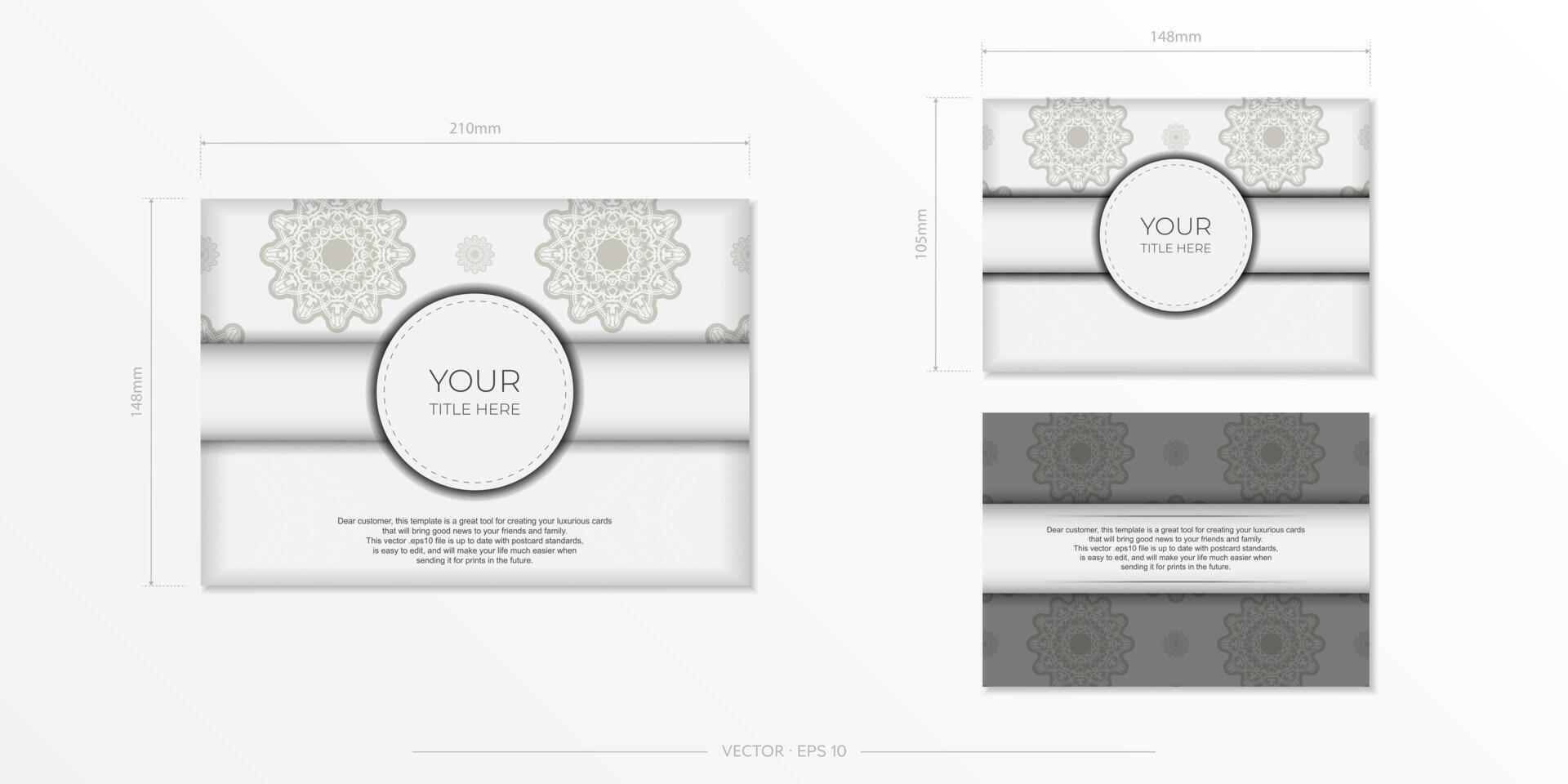 Vintage White postcard preparation with abstract ornament. Vector Template for printing design