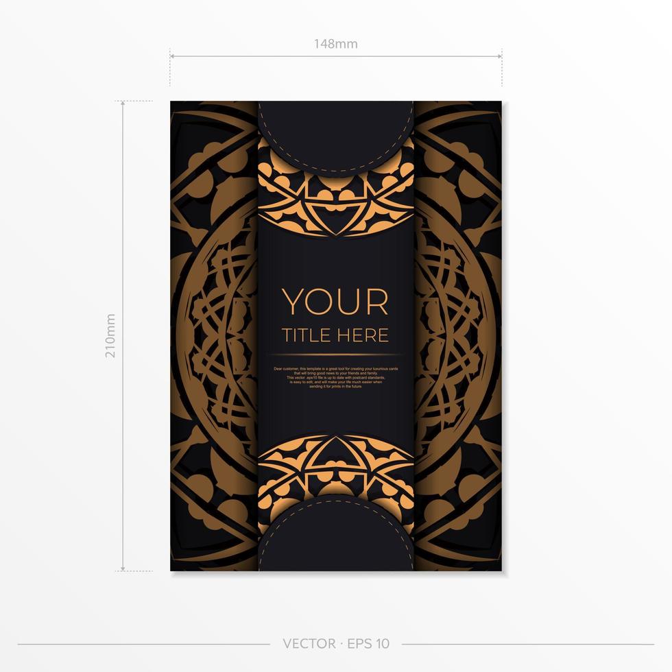 Black color postcard design with orange patterns. Vector invitation card with place for your text and abstract ornament.