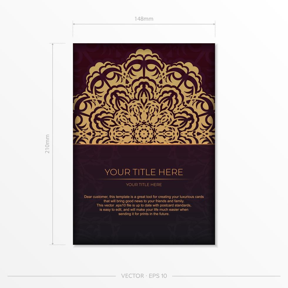 Luxurious burgundy postcards with vintage patterns. Vector invitation card with mandala ornament design.