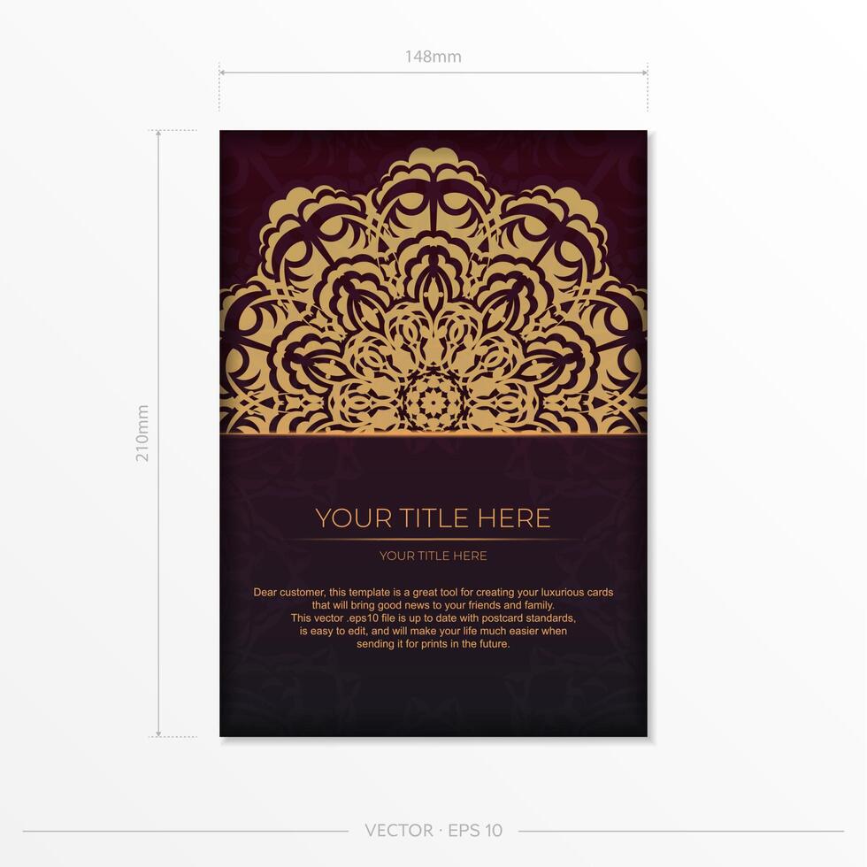 Luxurious burgundy postcards with vintage patterns. Vector invitation card with mandala ornament design.