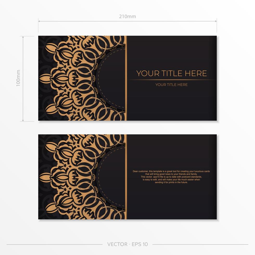 Luxurious Black color postcard template with vintage patterns. Vector Print-ready invitation design with mandala ornament.