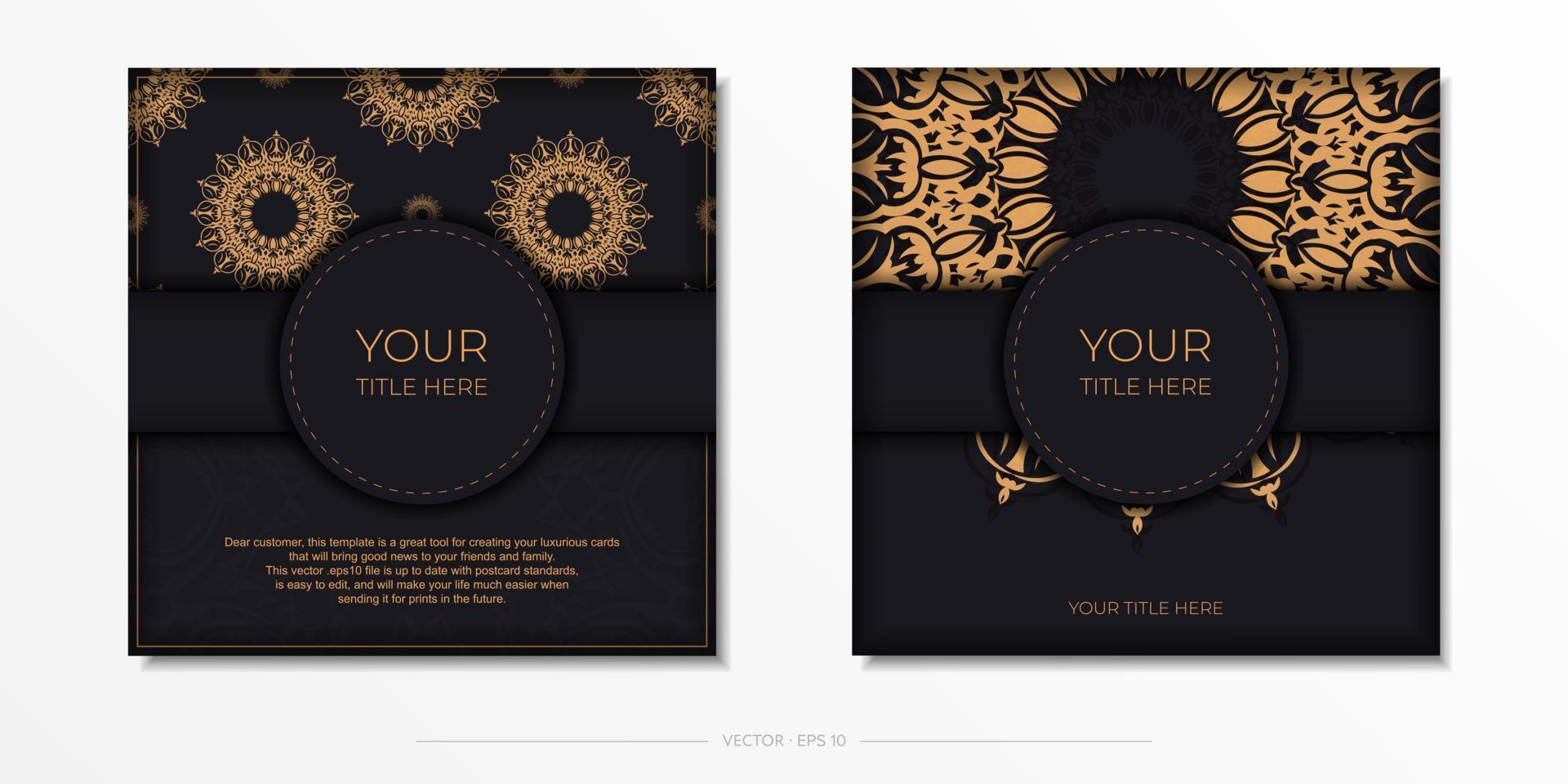 Square Vector Preparing postcards in Black color with luxurious patterns. Template for print design invitation card with vintage ornament.