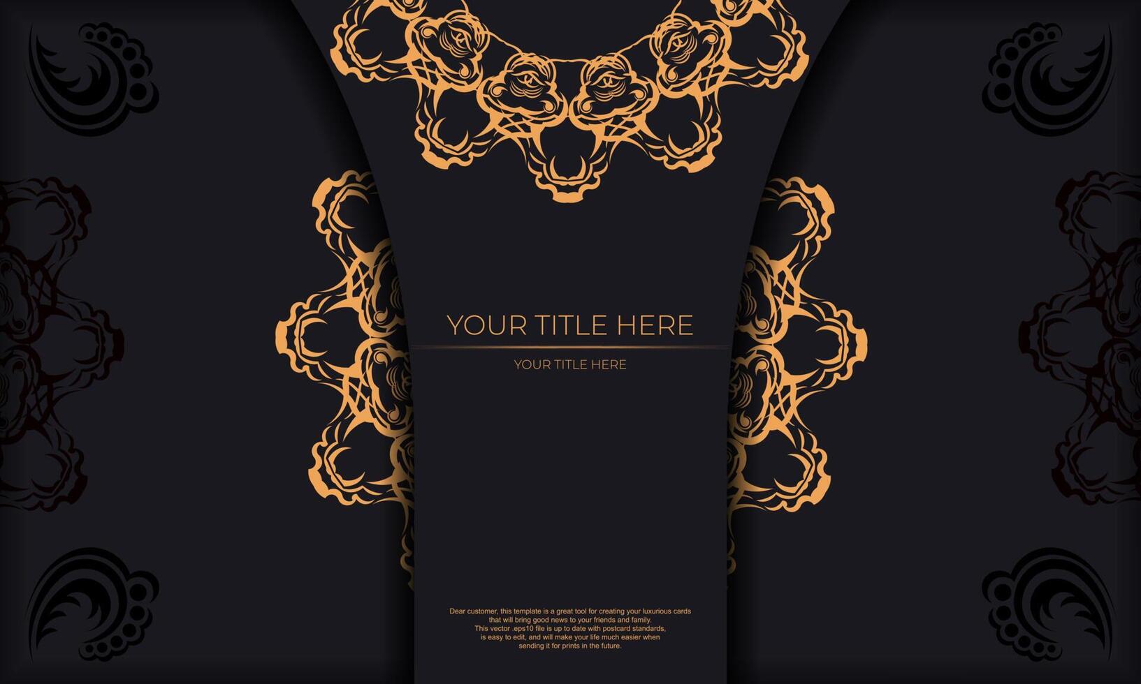 banner de plantilla negra con adornos de oro de lujo y lugar debajo del texto. plantilla para diseño de tarjeta de invitación imprimible con patrones antiguos. vector