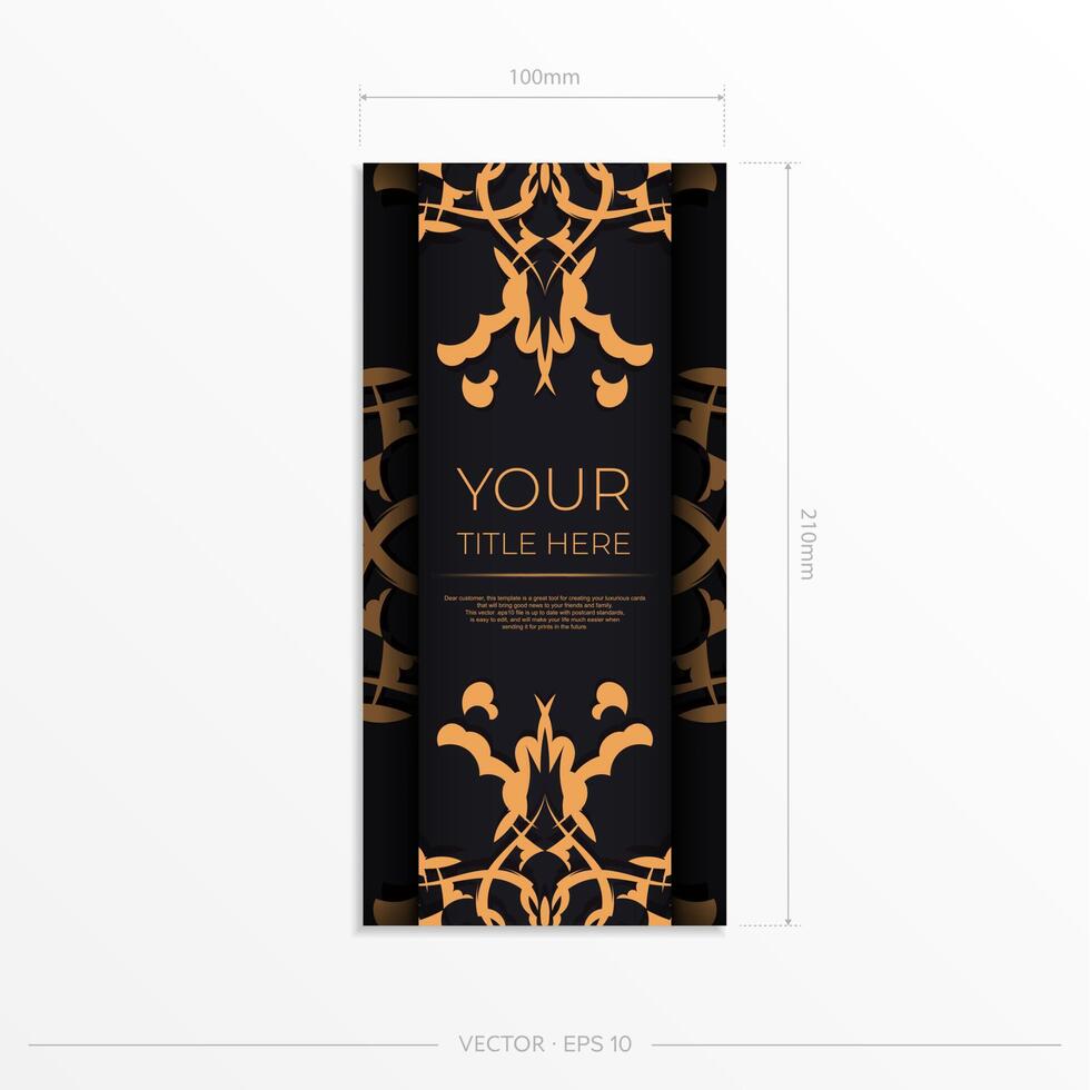 Stylish Postcard template in black with Indian patterns. Vector Print-ready invitation design with mandala ornament.