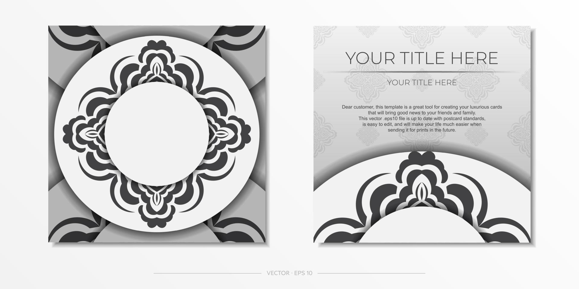 Luxurious Postcard Template White colors with Indian ornaments. Print-ready invitation design with mandala patterns. vector