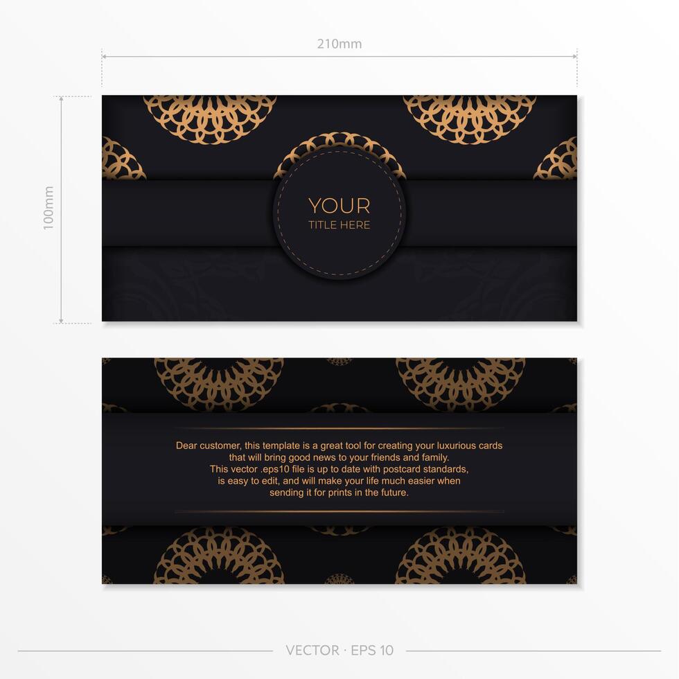 Stylish Ready-to-print postcard design in black with luxurious Greek patterns. Invitation card template with vintage ornament. vector