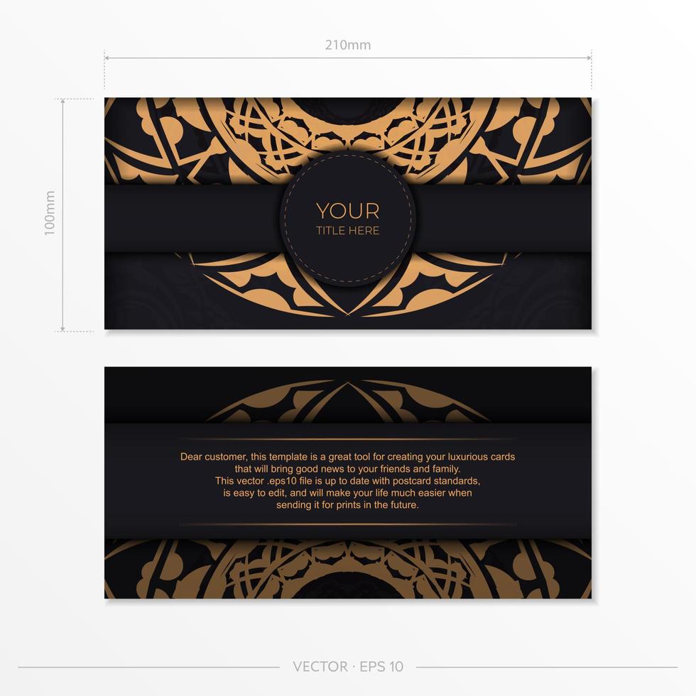 Ready-to-print postcard design in black color with orange patterns. Vector Invitation card template with place for your text and abstract ornament.
