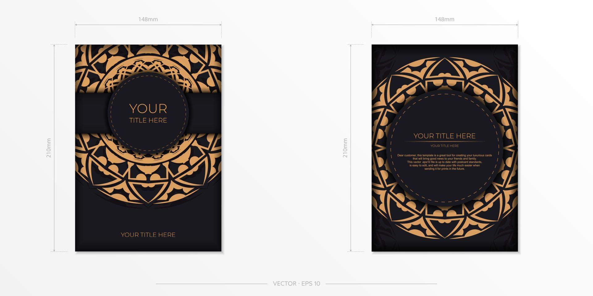 plantilla de tarjeta de invitación vectorial con lugar para el texto y adorno abstracto. diseño de postal de color negro con adorno naranja. vector