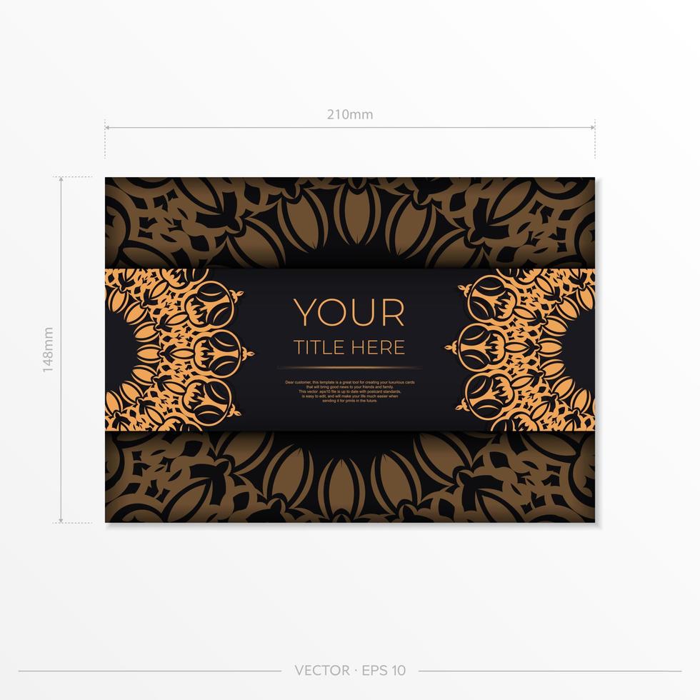 plantilla de postal rectangular negra con patrones lujosos. diseño de invitación listo para imprimir con adornos antiguos. vector