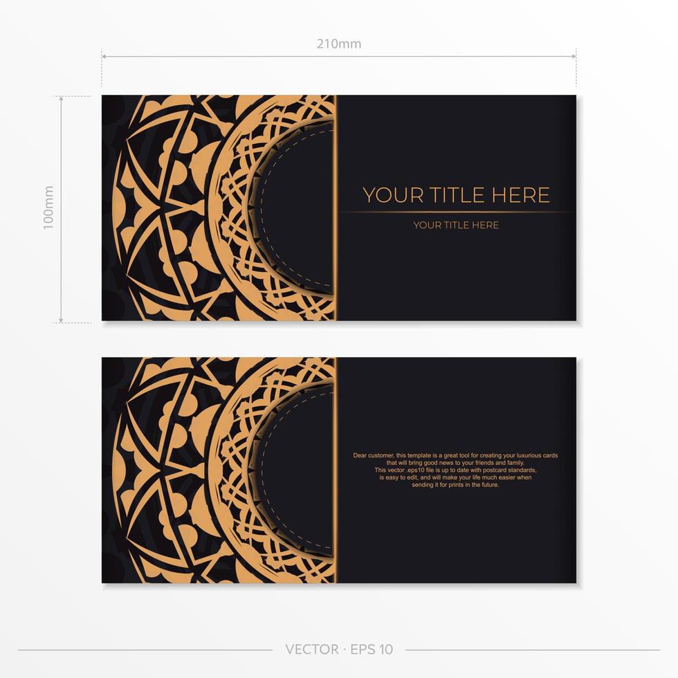 Vector Template for print design postcards black color with orange patterns. Preparing an invitation with a place for your text and abstract ornament.