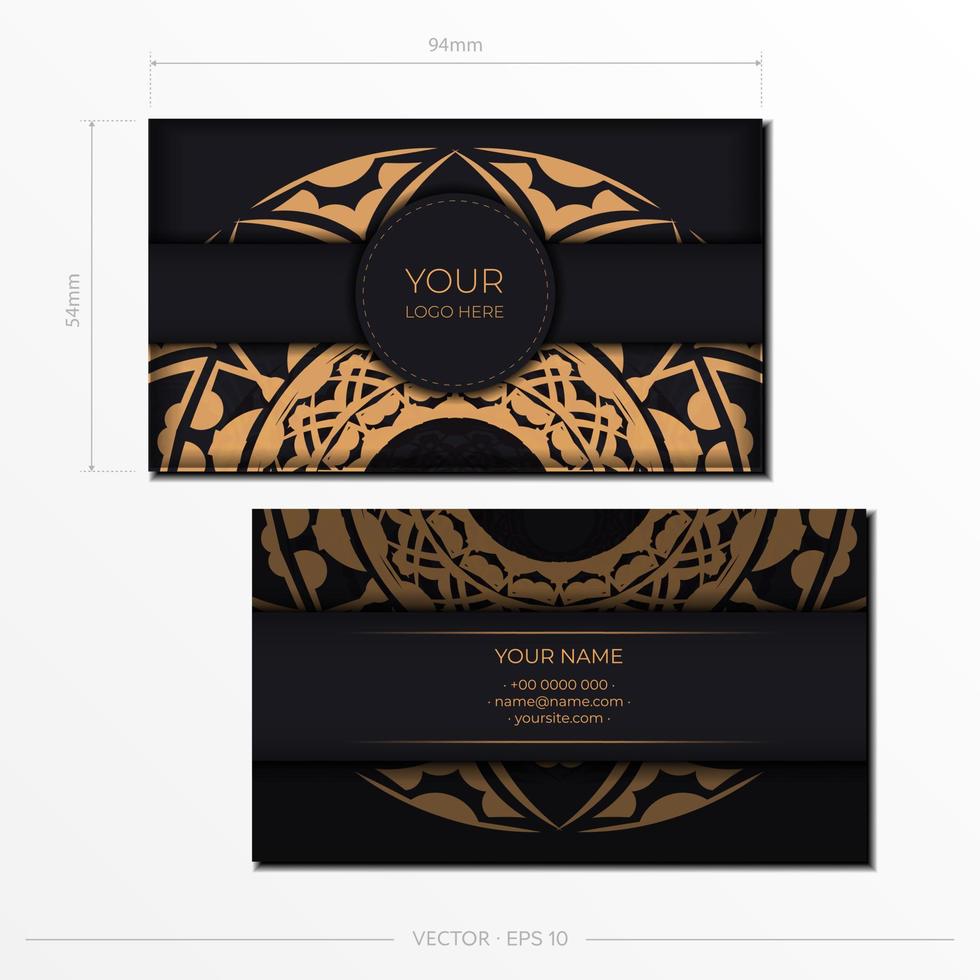 Template for print design of business cards in black with orange patterns. Vector Business card preparation with place for your text and abstract ornament.