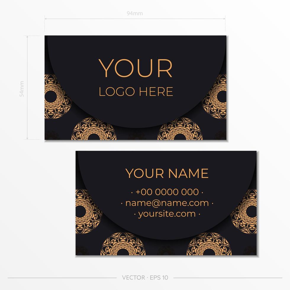 Print-ready black business card design with orange patterns. Business card template with place for your text and abstract ornament. vector