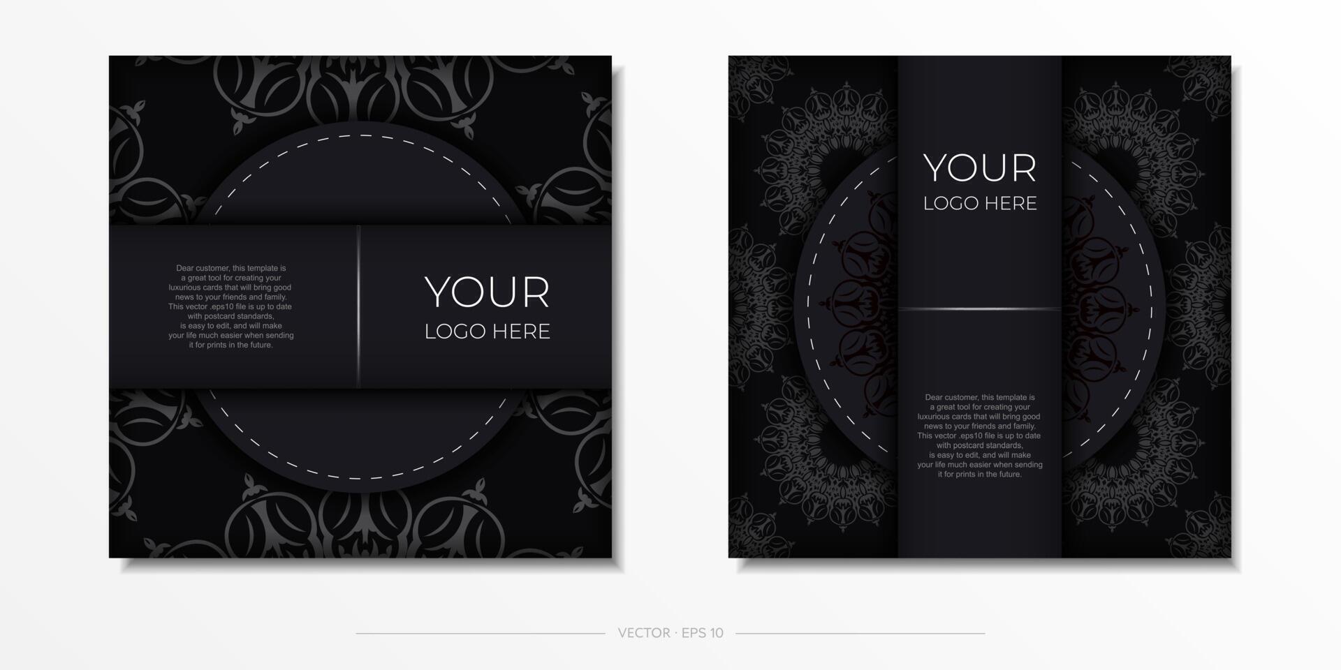 Square Preparing postcards in Black with luxurious ornaments. Vector Template for printing design invitation card with vintage patterns.