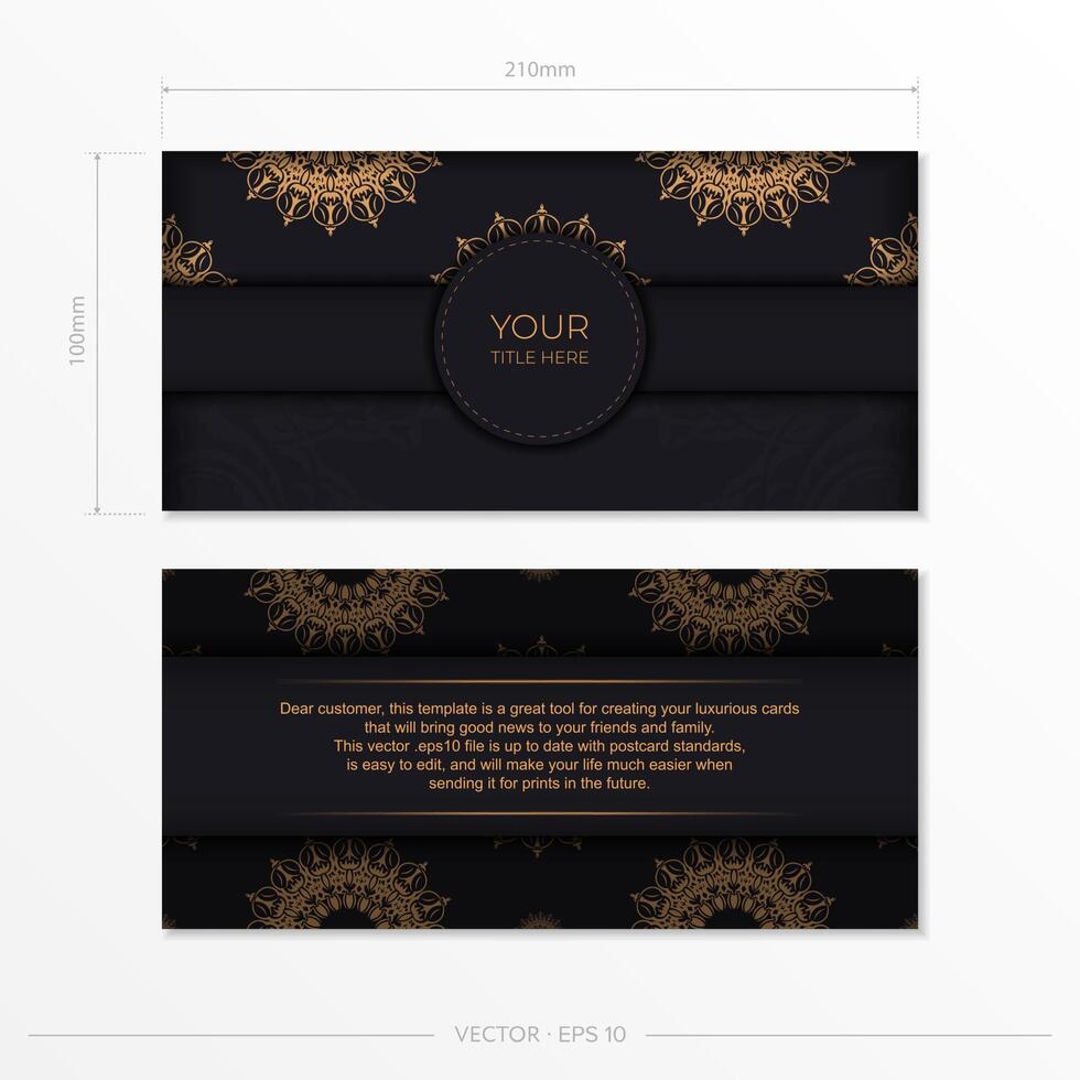 Rectangular Postcard Template Black with luxurious ornaments. Print-ready invitation design with vintage patterns. vector