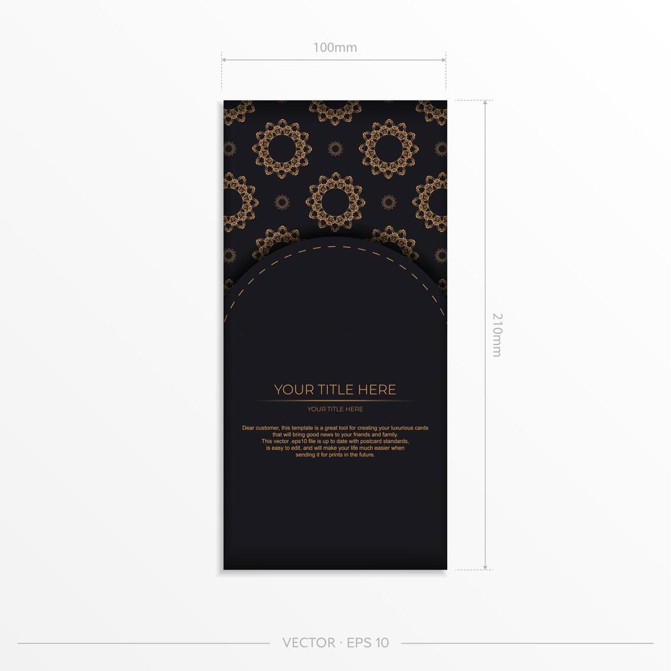 Rectangular Vector Preparing postcards in black with luxurious golden patterns. Template for print design invitation card with vintage ornament.