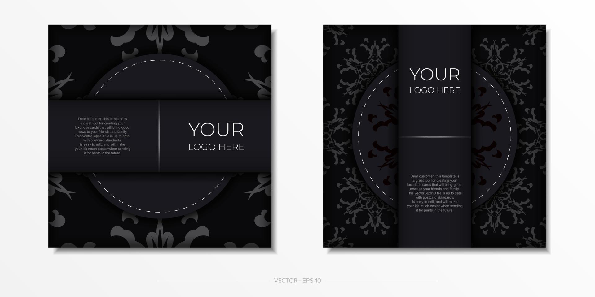 Set of postcards in black with Indian ornaments. Vector design of invitation card with mandala patterns.