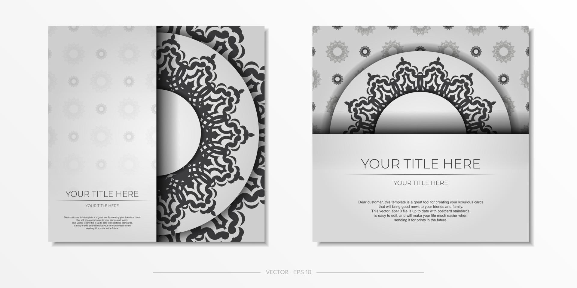Preparing postcards in white with black ornaments. Template for design printable invitation card with mandala patterns. vector